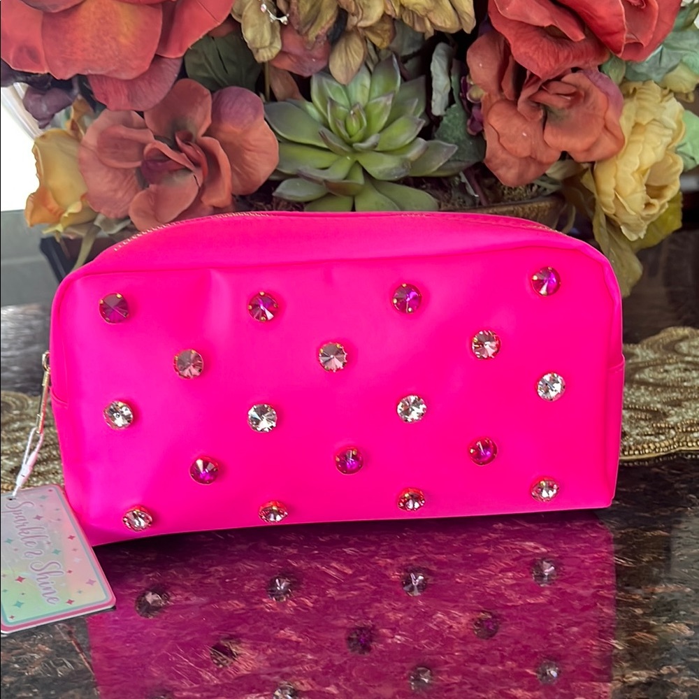 Sparkle And Shine Vibrant Pink Cosmetic Travel Bag With Big Pink & Clear Stones
